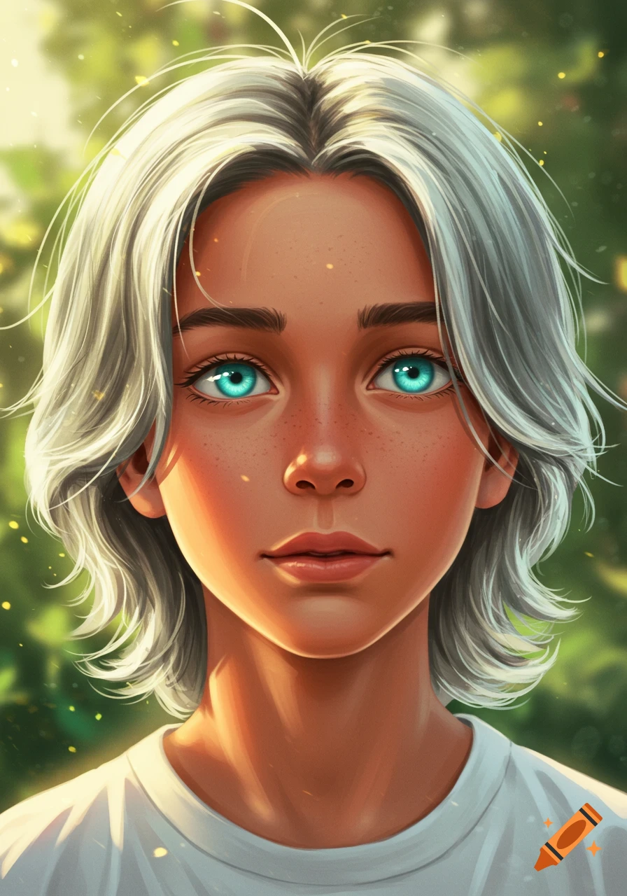 Stylized digital art portrait of a young person with silver hair and bright aqua eyes, wearing a white shirt, against a sunny green background.
