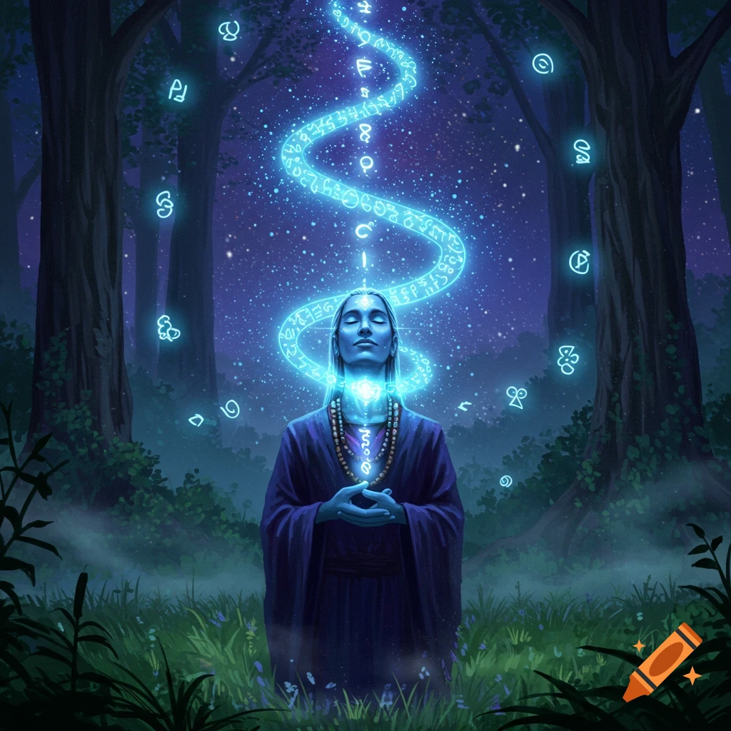 A person meditating in a dark forest, with glowing blue spiritual symbols and light emanating from their throat chakra, in a mystical art style.
