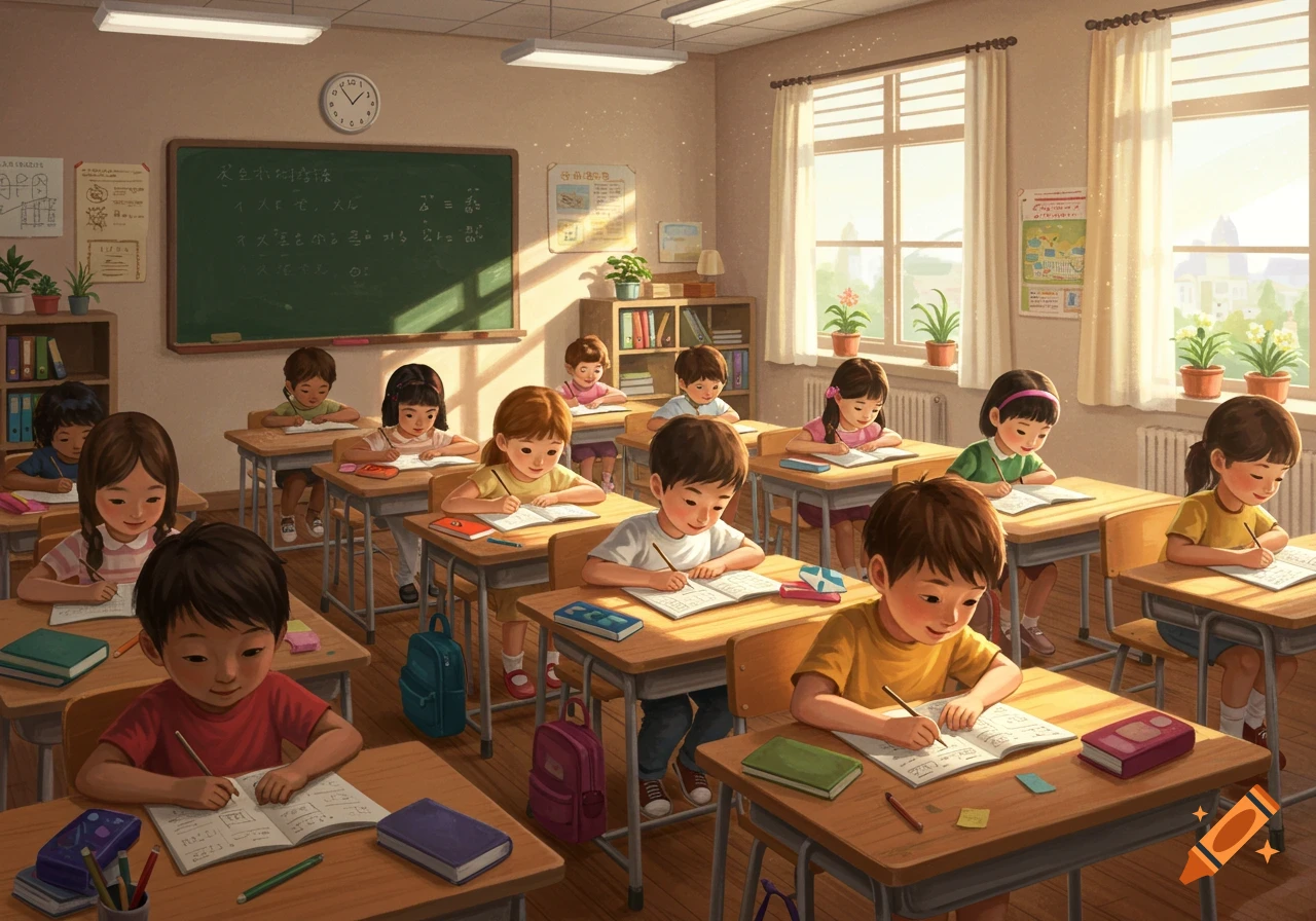 A group of children sitting at individual desks in a brightly lit classroom, writing in their notebooks. Sunlight streams through large windows.