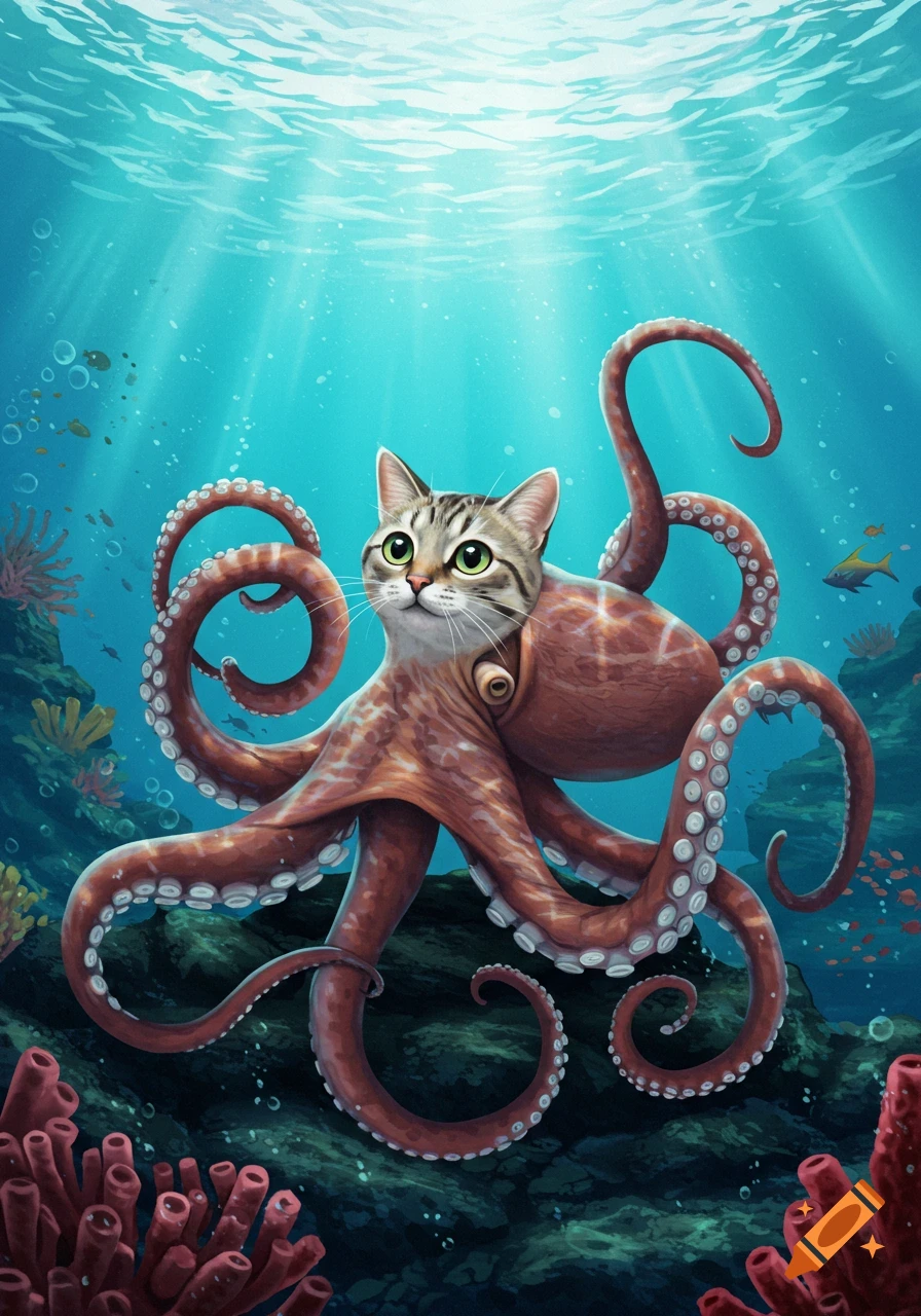 A whimsical illustration of a tabby cat's head on an octopus body, swimming gracefully among coral and fish in the clear blue ocean.