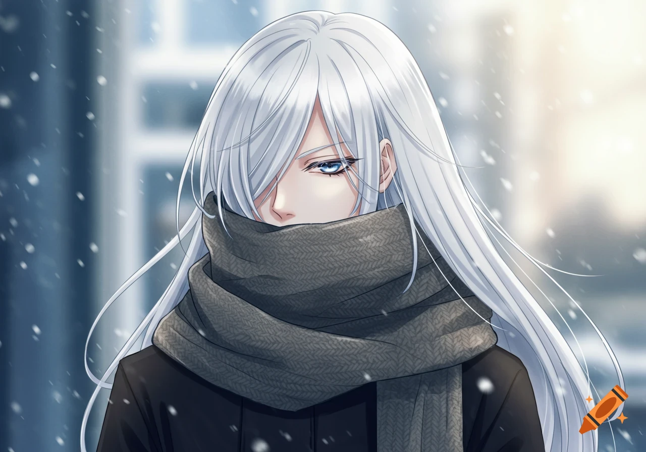 A young, androgynous anime character with long white hair and blue eyes, bundled in a gray knitted scarf, with snow falling around them.