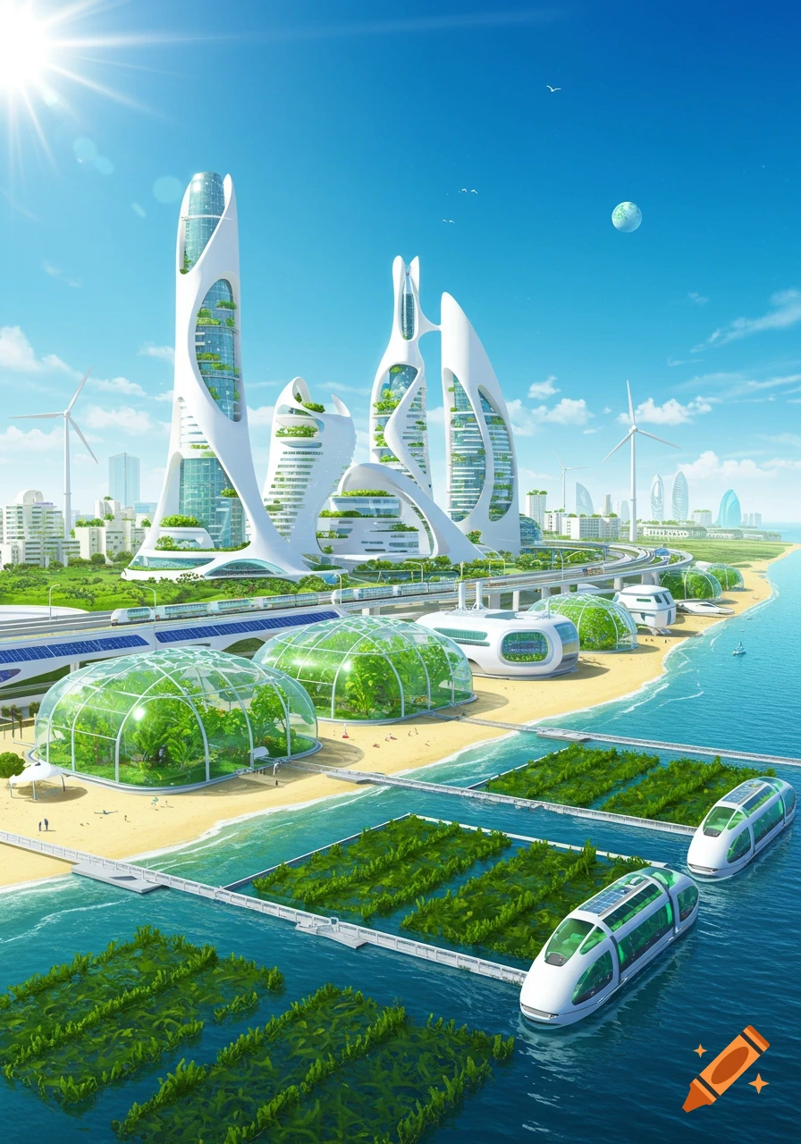 A vibrant solarpunk city on a sunny coastline with futuristic white buildings, domed farms, ocean seaweed farms, and wind turbines.