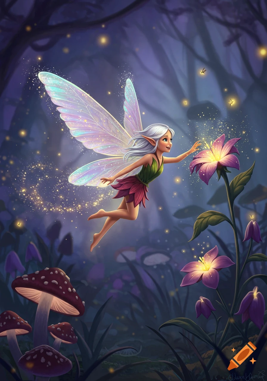 A whimsical fairy with white hair and iridescent wings touches a glowing purple flower in a magical forest.