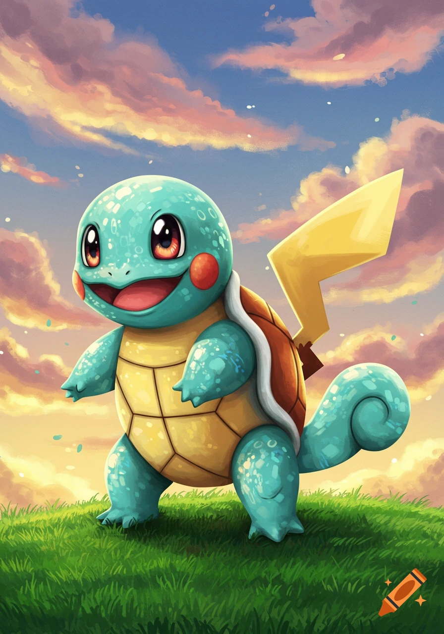 A Squirtle and Pikachu fusion, with Squirtle's body, Pikachu's tail and red cheeks, stands on green grass under a colorful sunset sky.