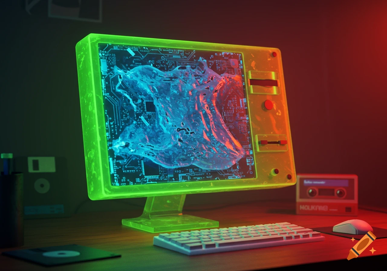 A neon green translucent retro computer monitor with a blue liquid splash on its screen, surrounded by a keyboard, mouse, and old floppy disks on a wooden desk.