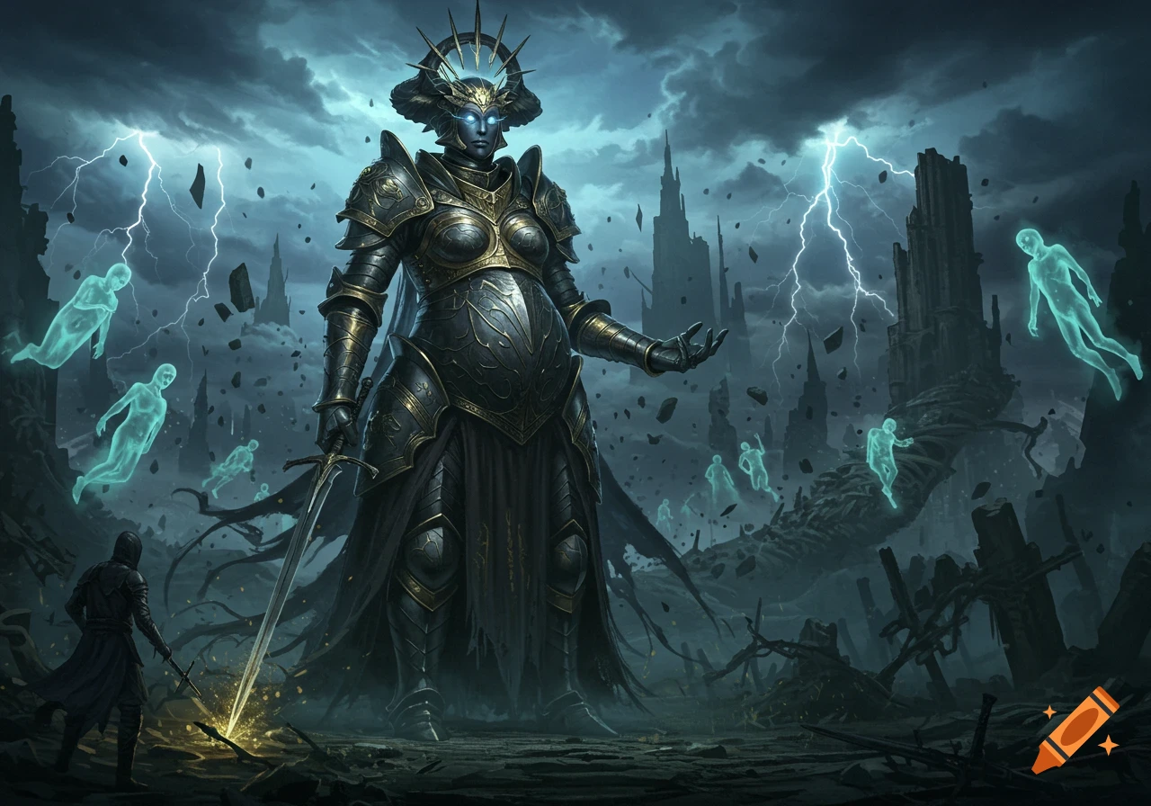 A colossal armored warrior with glowing eyes stands in a stormy, ruined landscape with lightning and floating spirits. A smaller figure stands below.