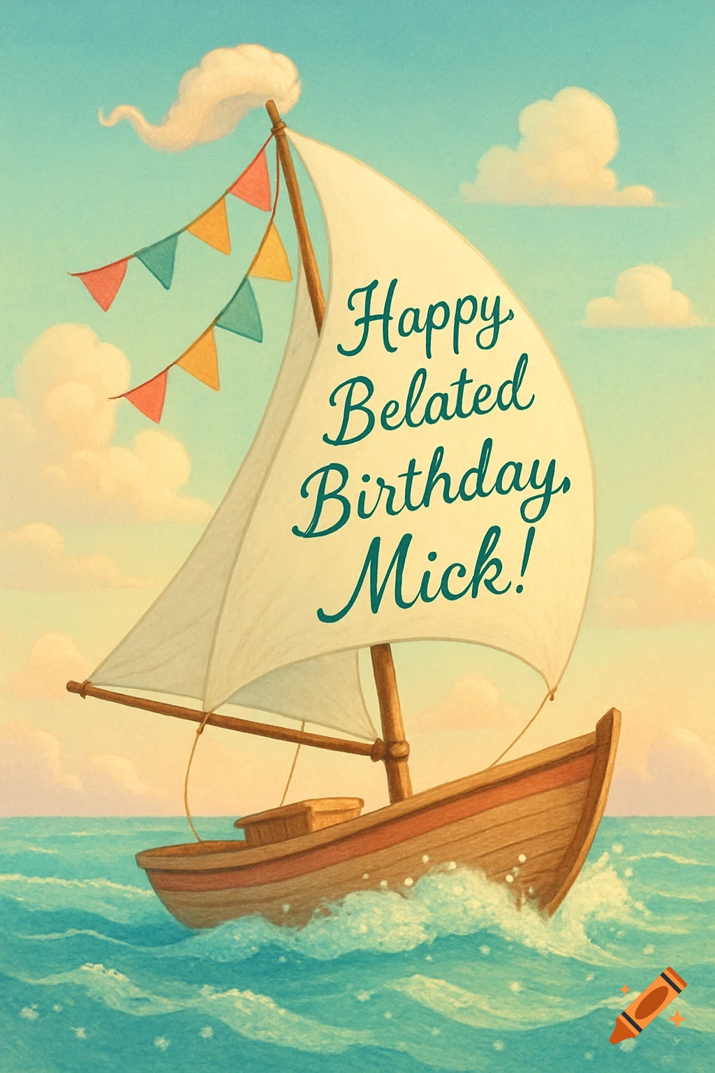A whimsical illustration of a sailboat on the ocean under a pastel sky, with "Happy Belated Birthday, Mick!" written on its sail.