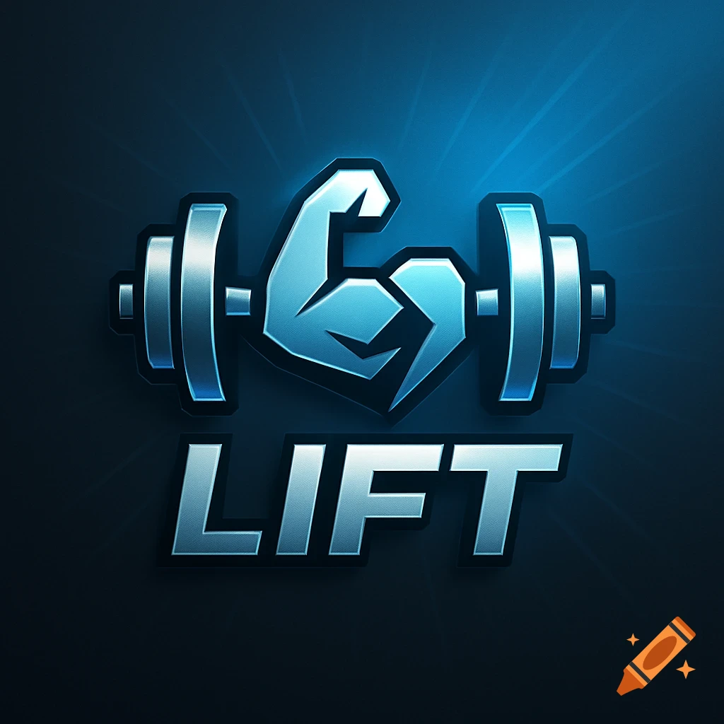 A stylized metallic blue logo featuring a flexing bicep and a barbell, with the word LIFT below, on a dark blue background.