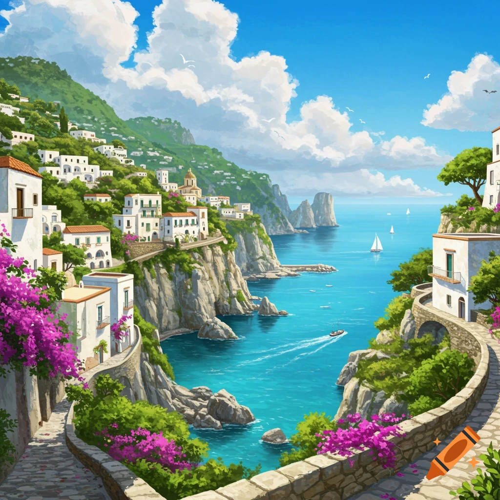 Vibrant illustration of a coastal town with white buildings on green cliffs overlooking a turquoise sea with boats and blooming flowers.