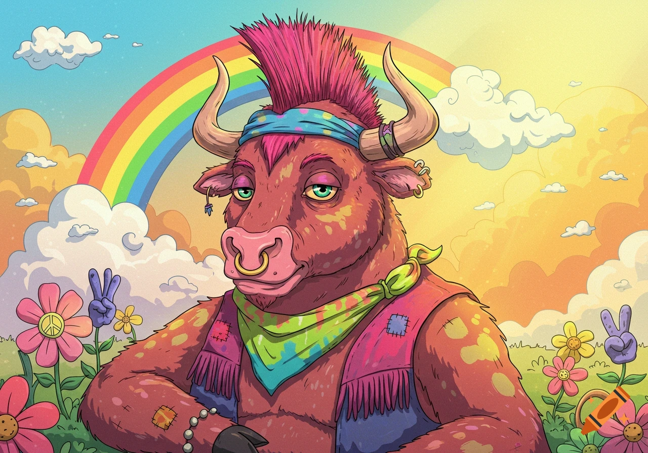 A cartoon bull with a pink mohawk and nose ring, wearing a tie-dye bandana and fringed vest, stands in a field with flowers and a rainbow.