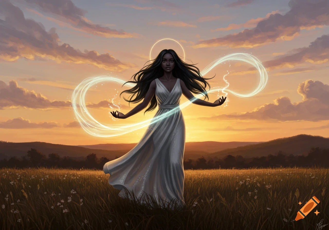 A woman in a white dress stands in a field at sunset, manipulating glowing light into an infinity symbol around her hands. Digital art.