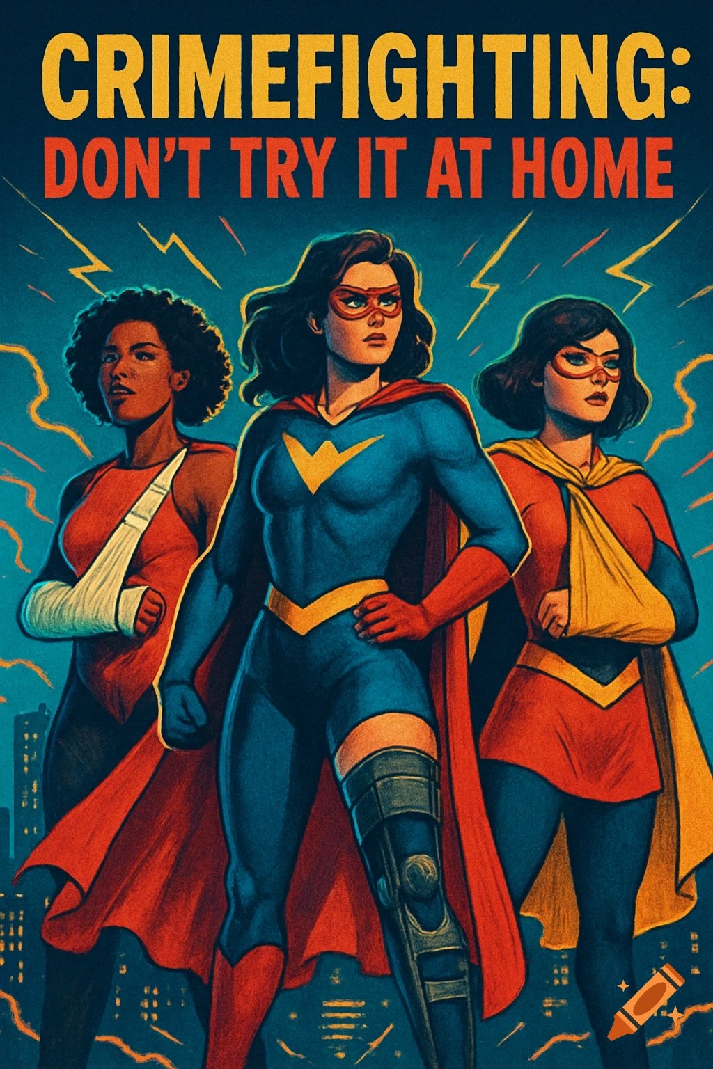 A comic book-style poster features three female superheroes, two with arm casts, one with a leg brace. Text reads: Crimefighting: Don't Try It At Home.