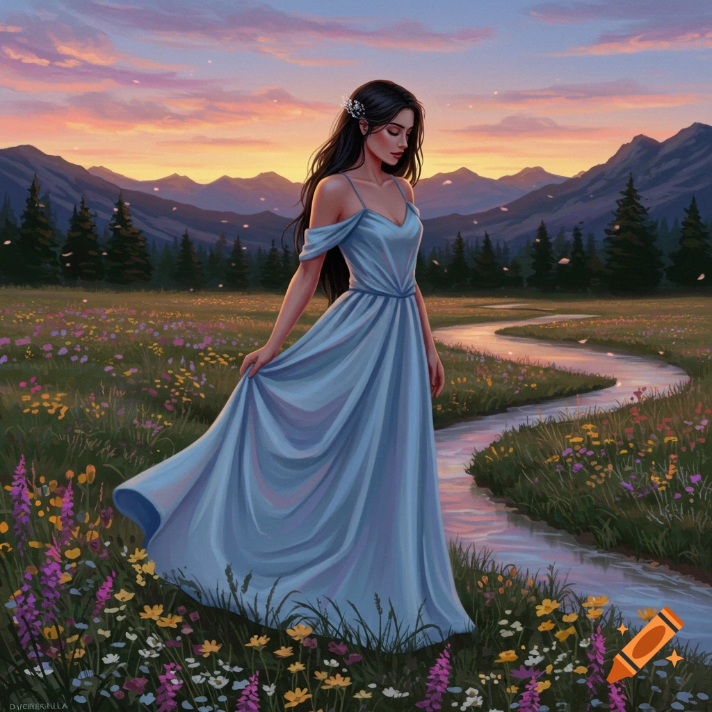 A woman in a blue dress stands in a vibrant flower field with a winding stream, mountains, and a sunset sky, in an illustrative style.