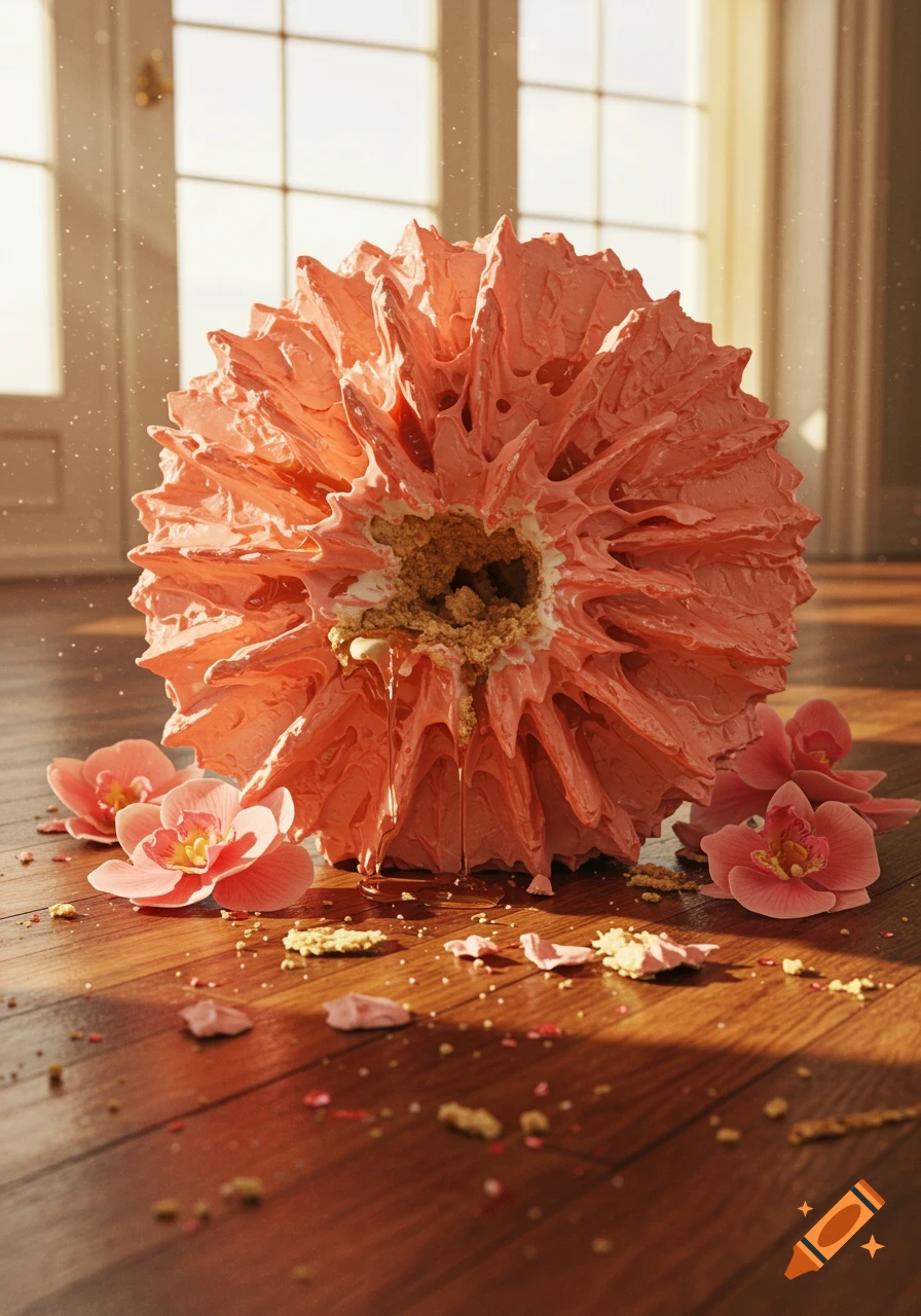 A photorealistic image of a large, messy pink cake shaped like an abstract flower, with crumbs and liquid, on a wooden floor.