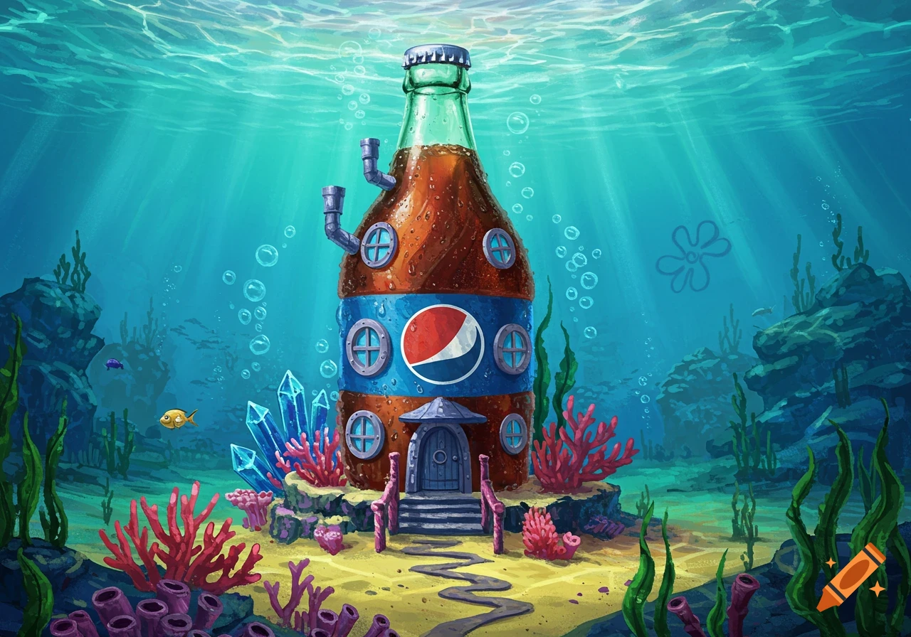An illustrated underwater scene shows a large Pepsi bottle house, resembling a Bikini Bottom home, with colorful coral and fish.