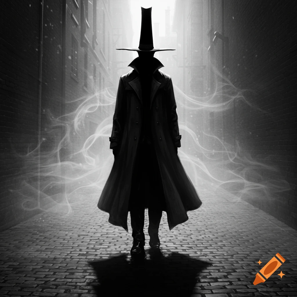 A mysterious, faceless man in a trench coat and tall hat stands in a dark, misty alley, in black and white.