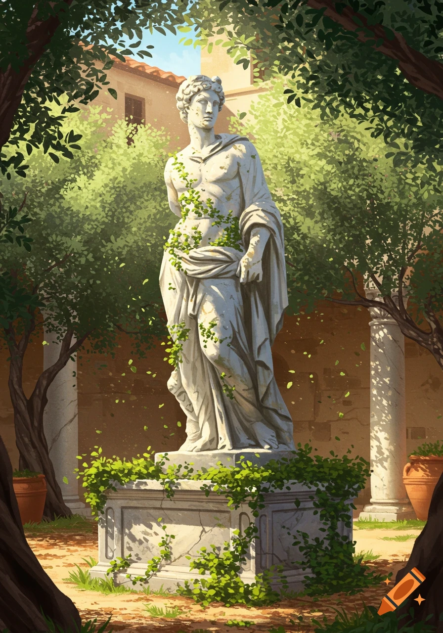 A classical marble statue of a male figure draped in cloth with green vines growing on it, set in a sunny ancient garden.