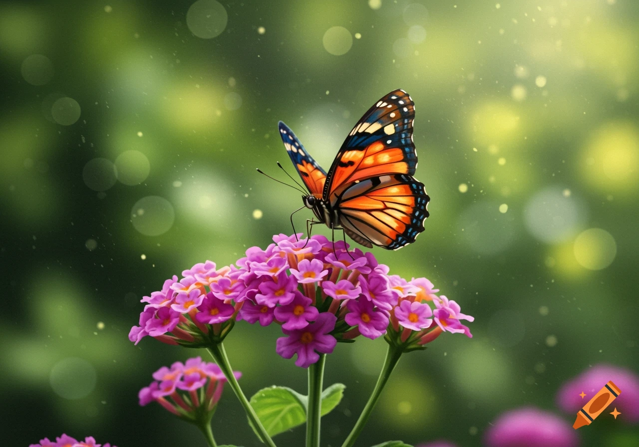 A colorful butterfly perches on pink flowers with a blurred green background and sunlight.