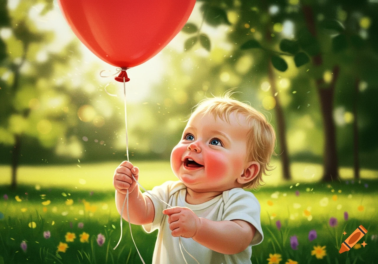 A joyful illustrated baby with blonde hair and blue eyes holds a red balloon in a sunny green park filled with small flowers.