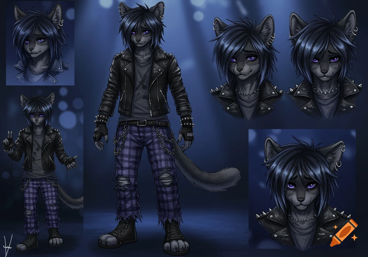 Full reference sheet of a dark grey emo anthropomorphic cat character with purple eyes, a black leather jacket, and plaid pants.