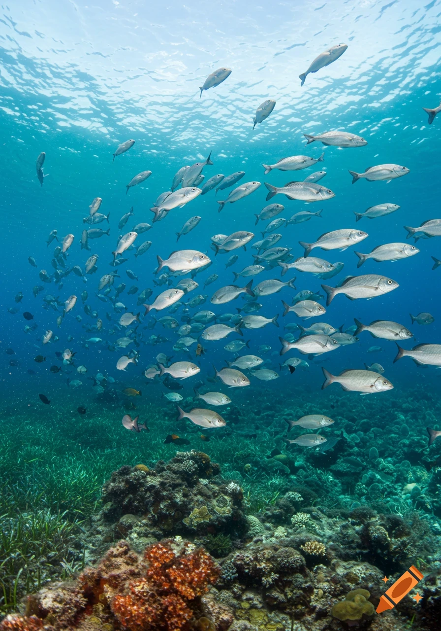 A large school of silver fish swims in clear blue ocean water above coral and seagrass.
