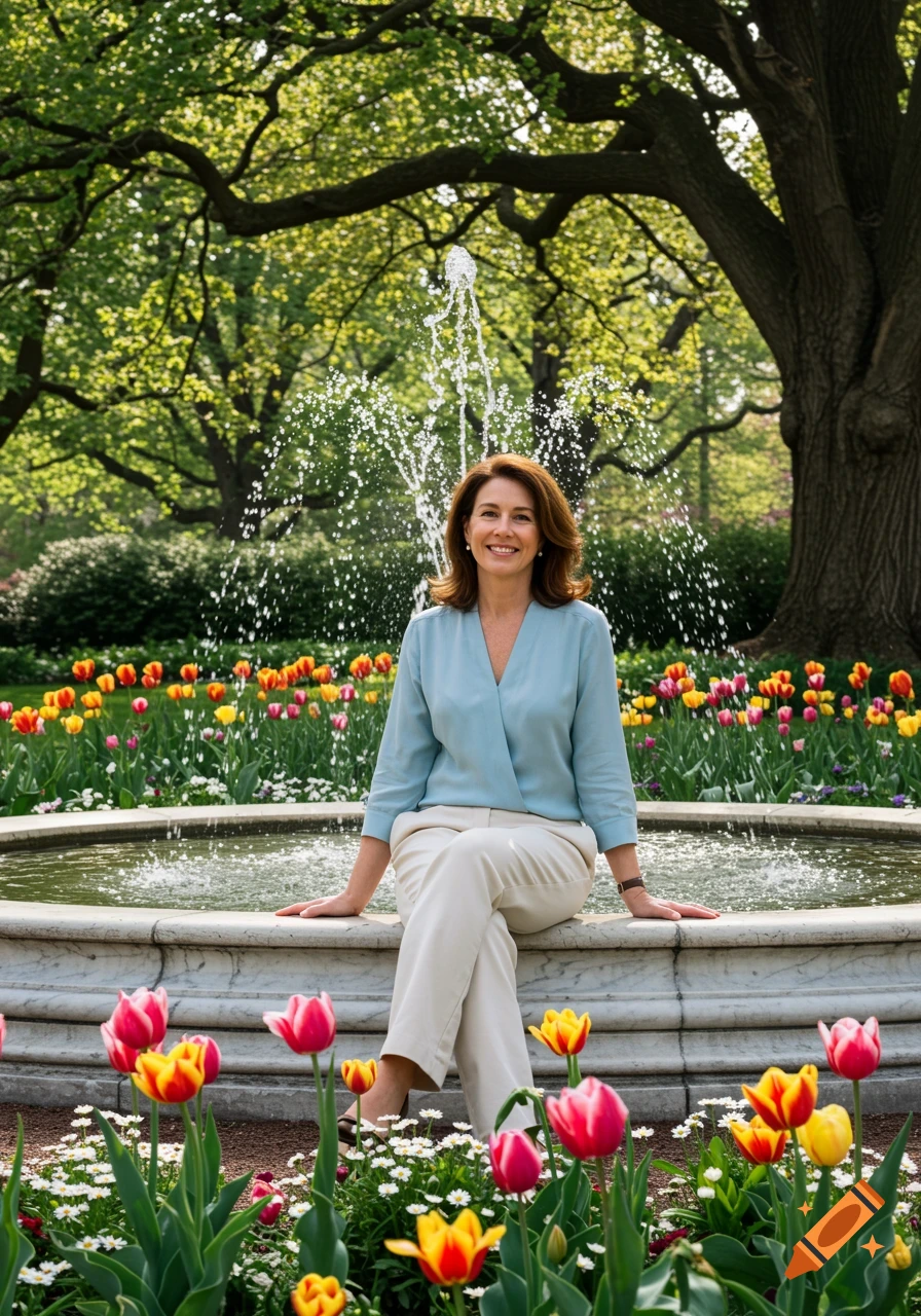 A middle-aged woman in a light blue blouse and white pants sits on the edge of a marble fountain in a lush garden filled with colorful tulips.