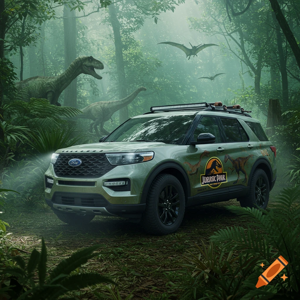 Photorealistic Ford Explorer Jurassic Park tour vehicle in a misty jungle with dinosaurs.