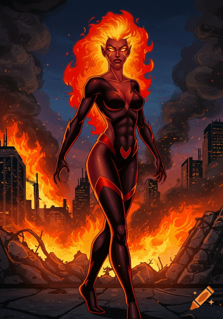A powerful female character with fiery hair in a black and red suit stands in a burning, ruined city, comic book art style.