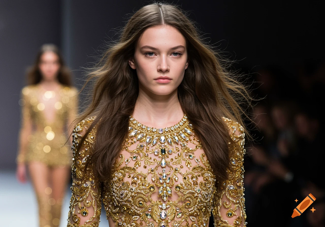 Photorealistic image of a model walking a fashion runway, wearing an elaborate gold and diamond-embellished dress.