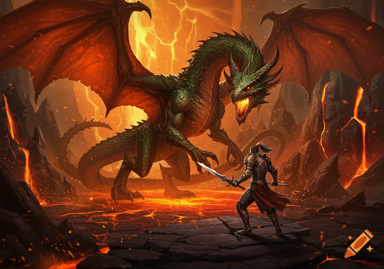A knight in armor wields a sword against a massive green dragon with glowing red eyes in a fiery, lava-filled landscape.