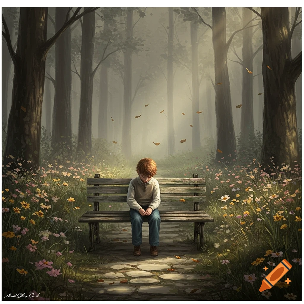 A sad boy with red hair sits alone on a wooden bench in a magical, misty forest with wildflowers and falling leaves, in an illustration style.