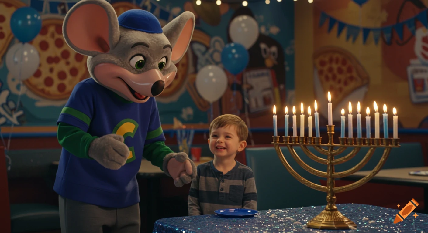 Chuck E. Cheese wearing a kippah stands next to a smiling young boy at a table with a lit menorah in a festive party room.