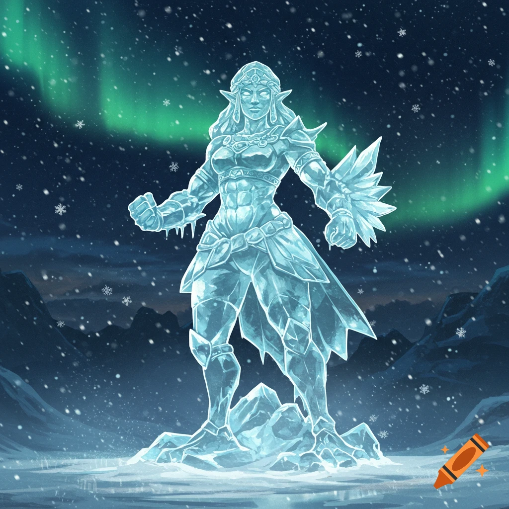 An ice statue of a female warrior with elf ears and armor stands in a snowy mountain landscape under a green aurora.