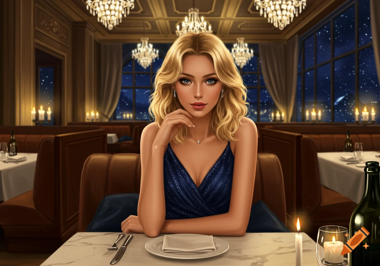 A beautiful young Caucasian woman with blonde hair sitting at a restaurant table, wearing a blue cocktail dress.