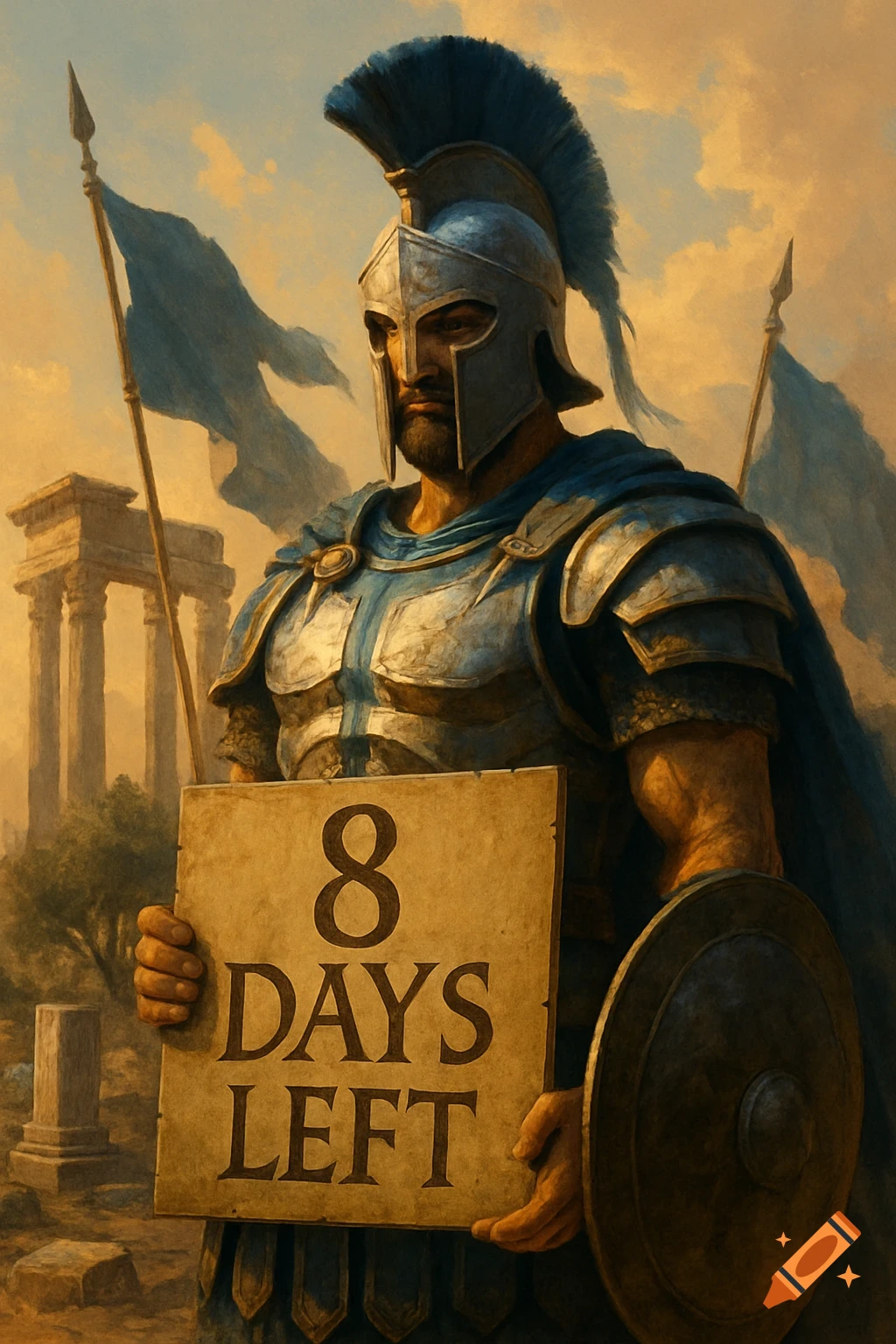 Stoic Trojan warrior in blue and silver armor holds a sign saying '8 DAYS LEFT' amidst ancient ruins at sunset.