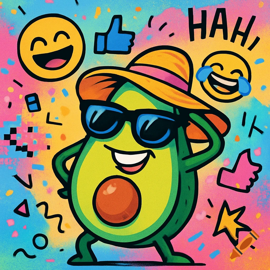 Cartoon avocado with sunglasses and a hat, surrounded by laughing emojis, thumbs-up, and the text 'HAH,' on a colorful background.