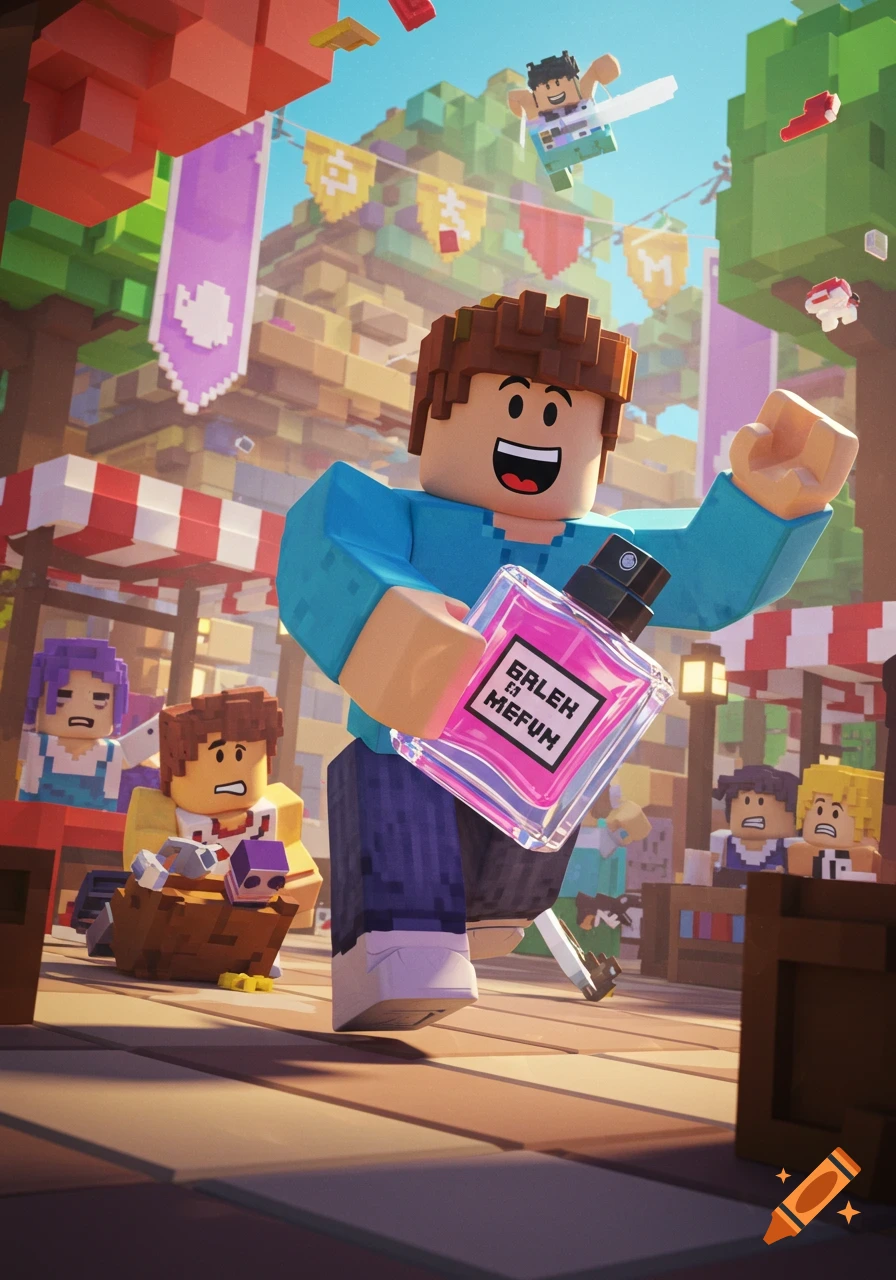 Blocky character running joyfully with a pink perfume bottle through a bustling market scene with other blocky characters.