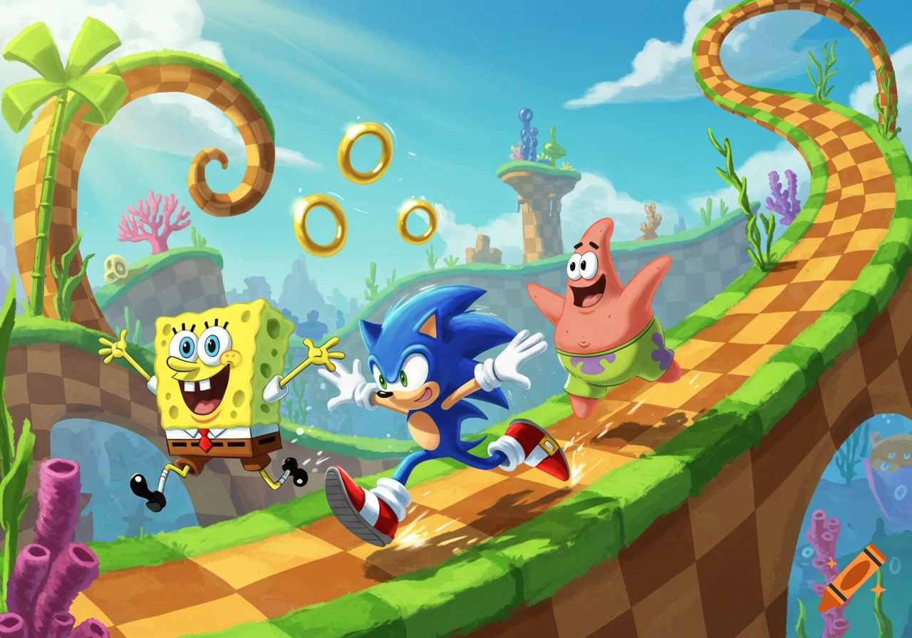 Sonic, Spongebob, and Patrick run on a green and brown checkered path, with floating rings, trees, and corals.