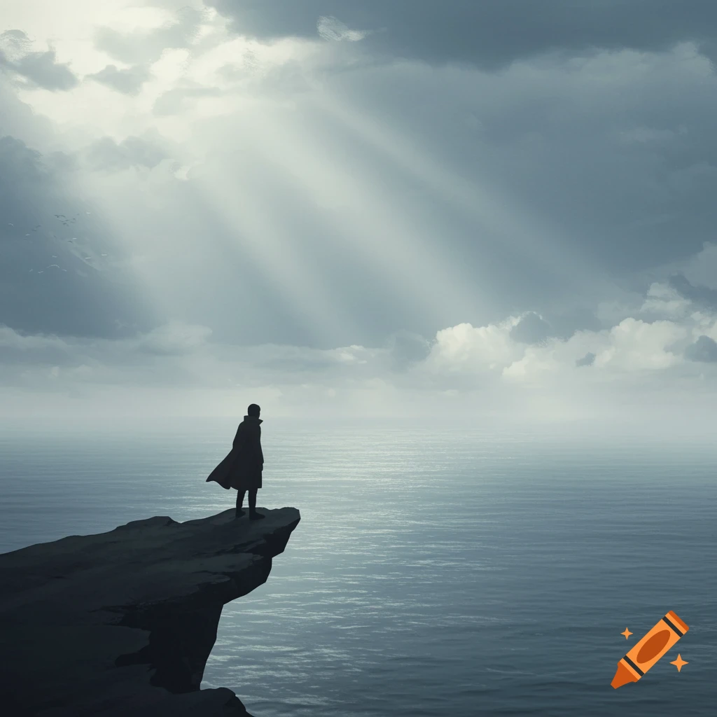 A lone figure in a long coat stands on a dark cliff edge, looking out over a vast, misty ocean under a cloudy sky with visible sun rays.