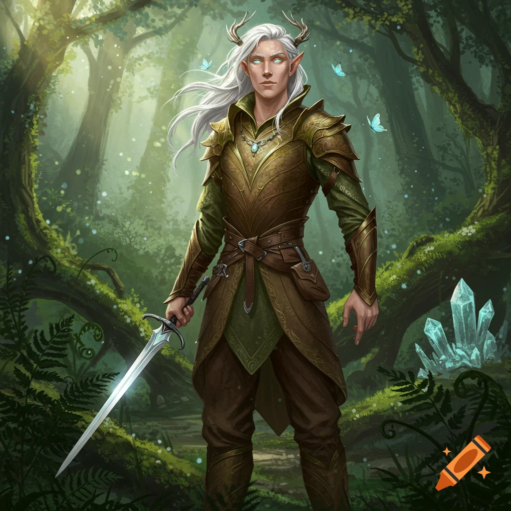 A male fey with white hair, antlers, and glowing eyes stands in a magical forest, wearing green and gold armor and holding a glowing sword.