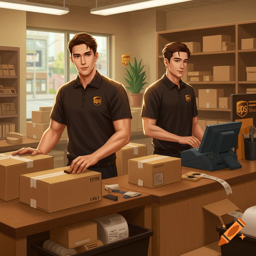 Two men in UPS uniforms standing behind a counter in a UPS store, handling packages. One man is taping a box, the other is at a computer.