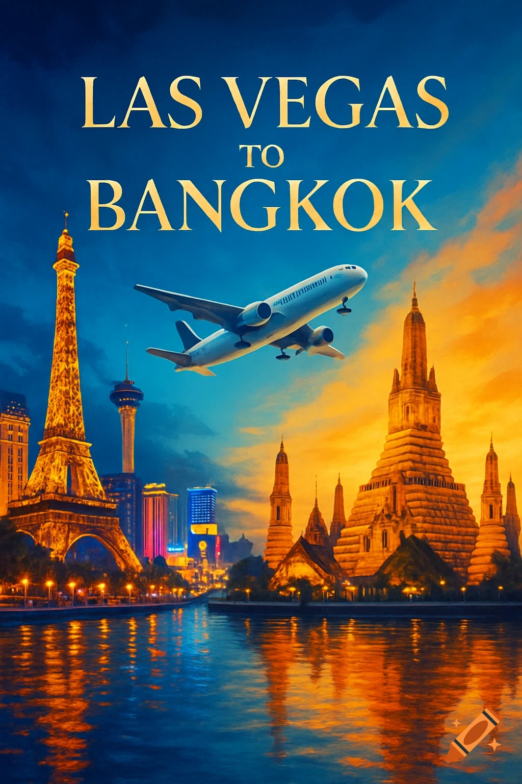 A vibrant illustration depicting the Eiffel Tower representing Las Vegas and a temple representing Bangkok, with an airplane flying over water reflecting city lights, and "LAS VEGAS TO BANGKOK" title.