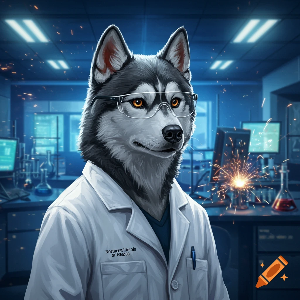 Anthropomorphic husky wearing a white lab coat and safety glasses in a science laboratory with sparks.