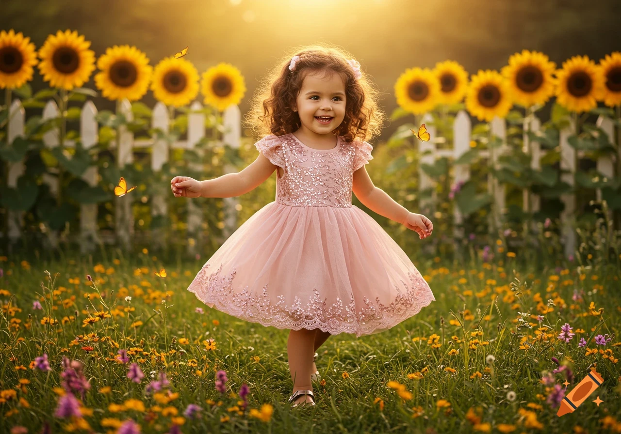 A smiling little girl in a pink dress stands in a sunny field of flowers with sunflowers and a white fence in the background.