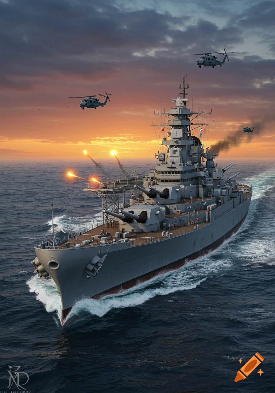 A photorealistic battleship fires its guns while sailing on a choppy ocean at sunset, with helicopters flying overhead.