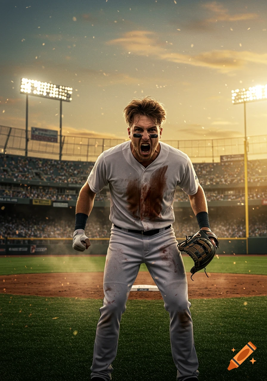A furious baseball player with eyeblack and a dirt-stained uniform screams on a baseball field in a stadium.