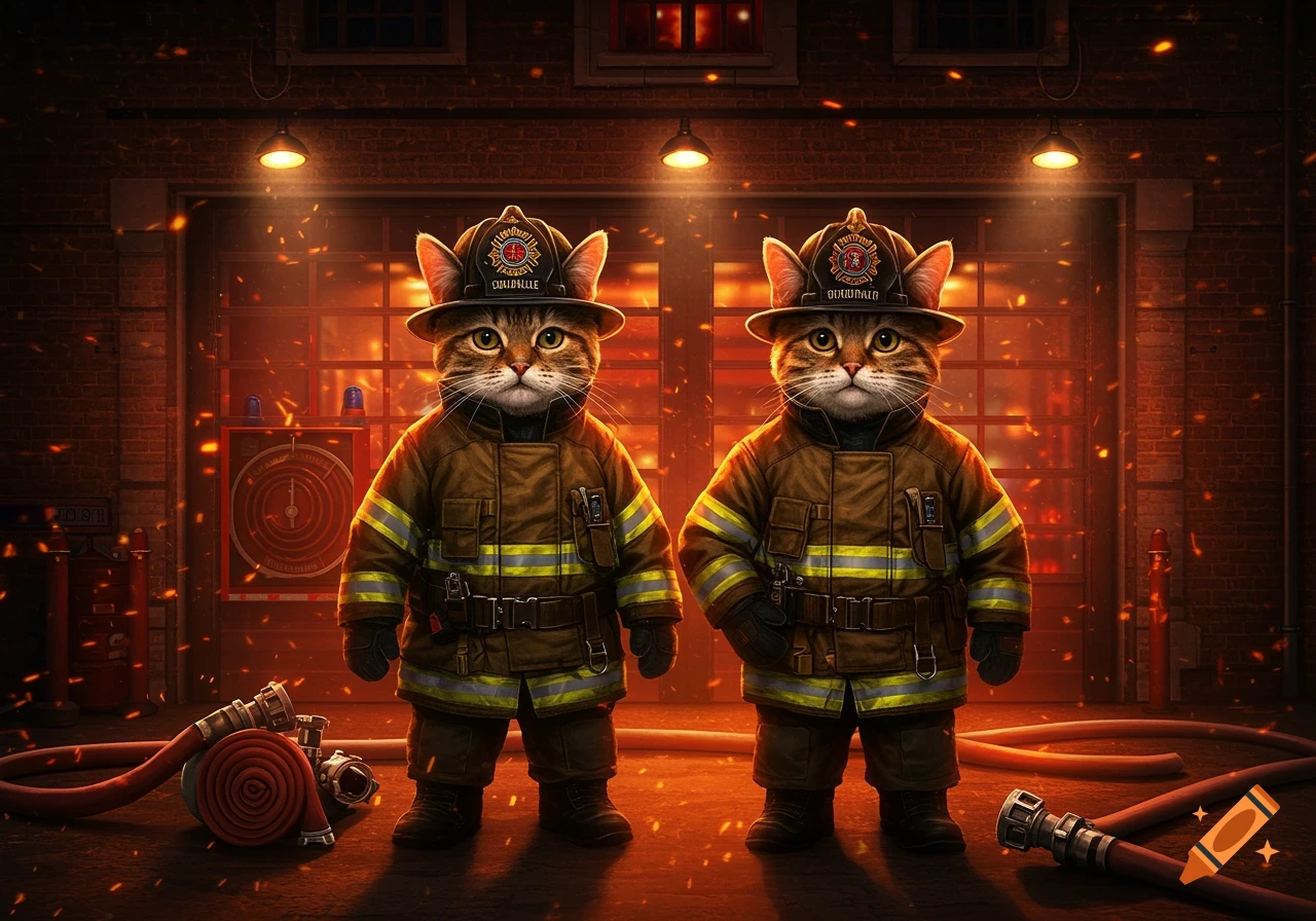Two anthropomorphic cats in firefighter gear stand in a fire station with glowing embers in the air.
