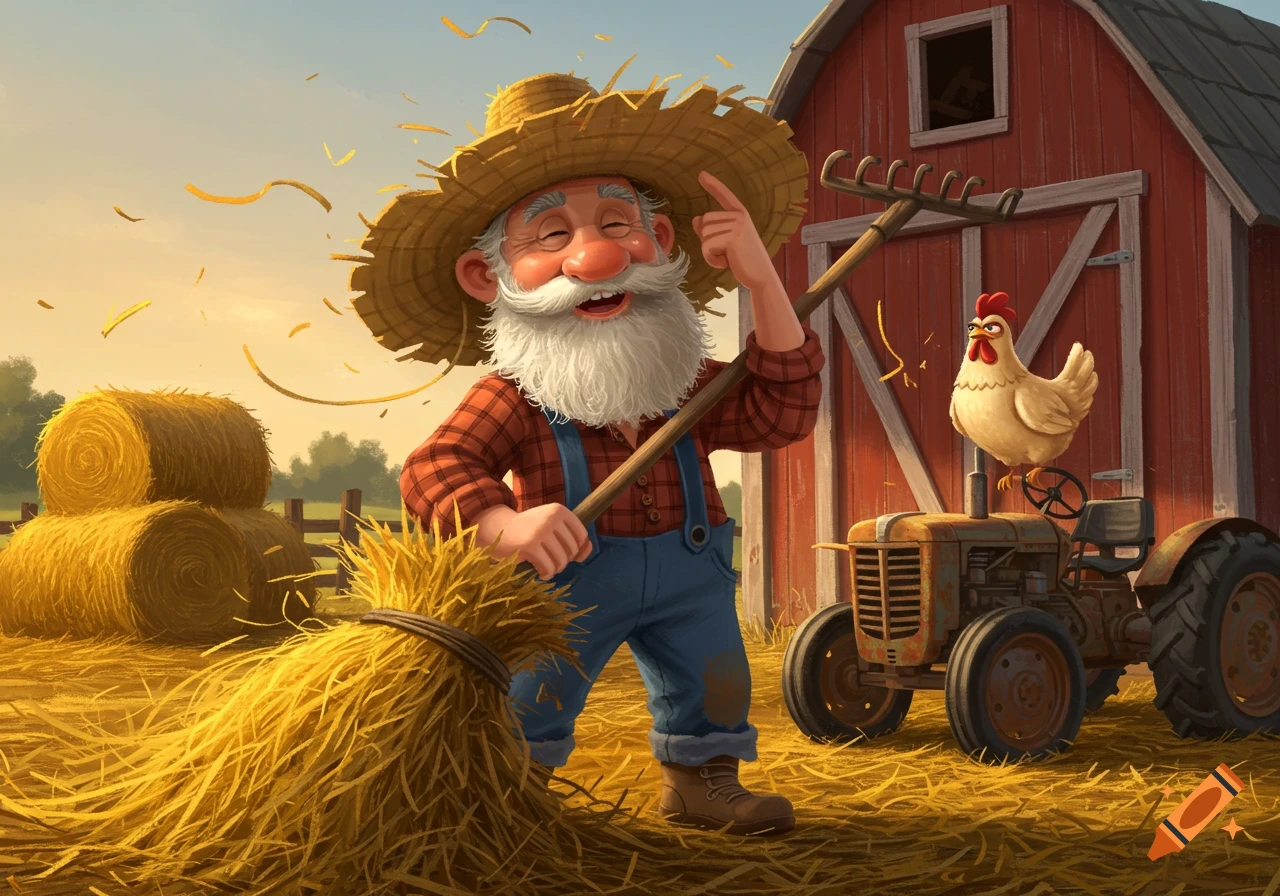 A happy, cartoonish farmer with a straw hat rakes hay on a farm, as a chicken watches from a rusty tractor. Red barn and hay bales in warm sunlight.