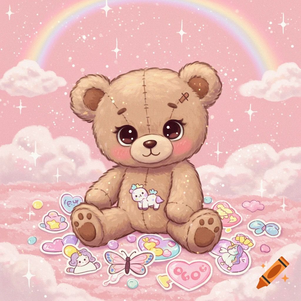 A cute brown teddy bear with big eyes and rosy cheeks sits on pink fluffy clouds. A pastel rainbow arches behind it, surrounded by sparkles and stars. Various colorful cartoon stickers, including unicorns and a butterfly, are scattered around the bear.