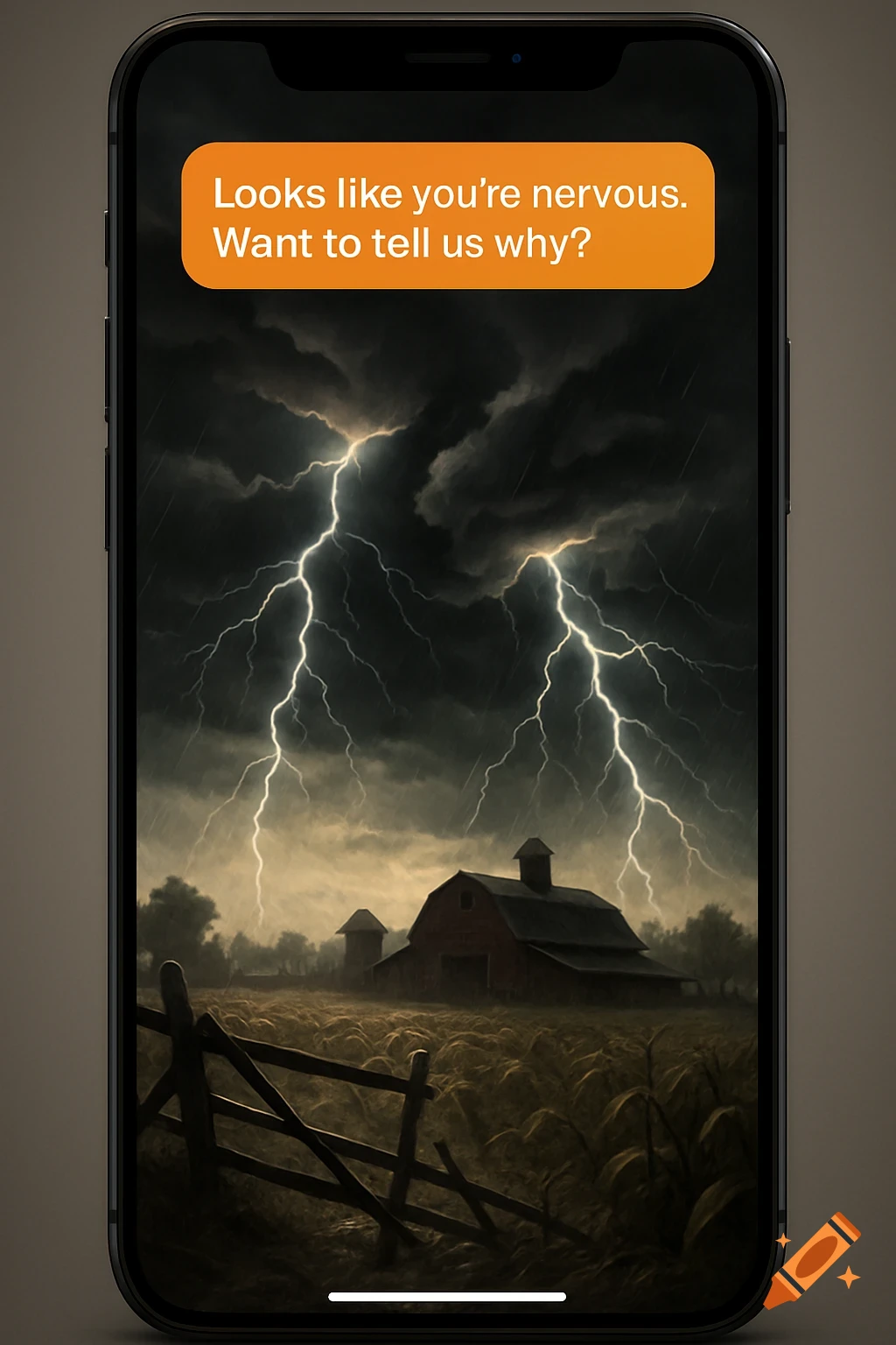 A mobile phone screen displaying a stormy farm scene with lightning, a red barn, fields, and a wooden fence, with a pop-up message: "Looks like you're nervous. Want to tell us why?"